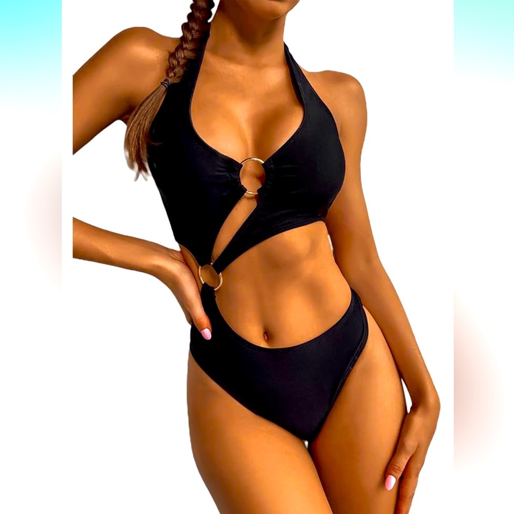 🚘Hilinker Women's O-Ring Cutout Halter One Piece Swimsuit High Cut Bathing Suit